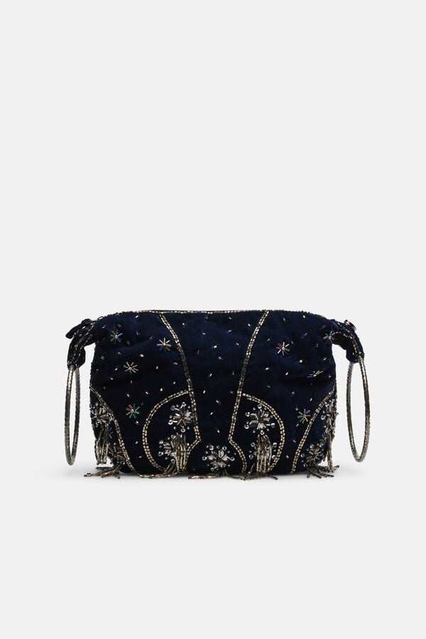 Hoss Intropia Noa. Bolso bordado de terciopelo con anillas Azul marino