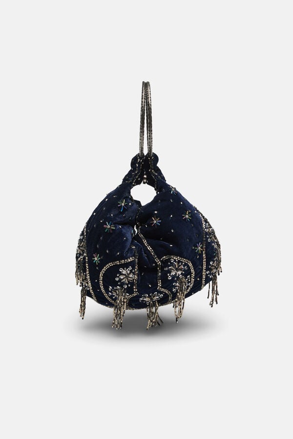 Hoss Intropia Noa. Bolso bordado de terciopelo con anillas Azul marino