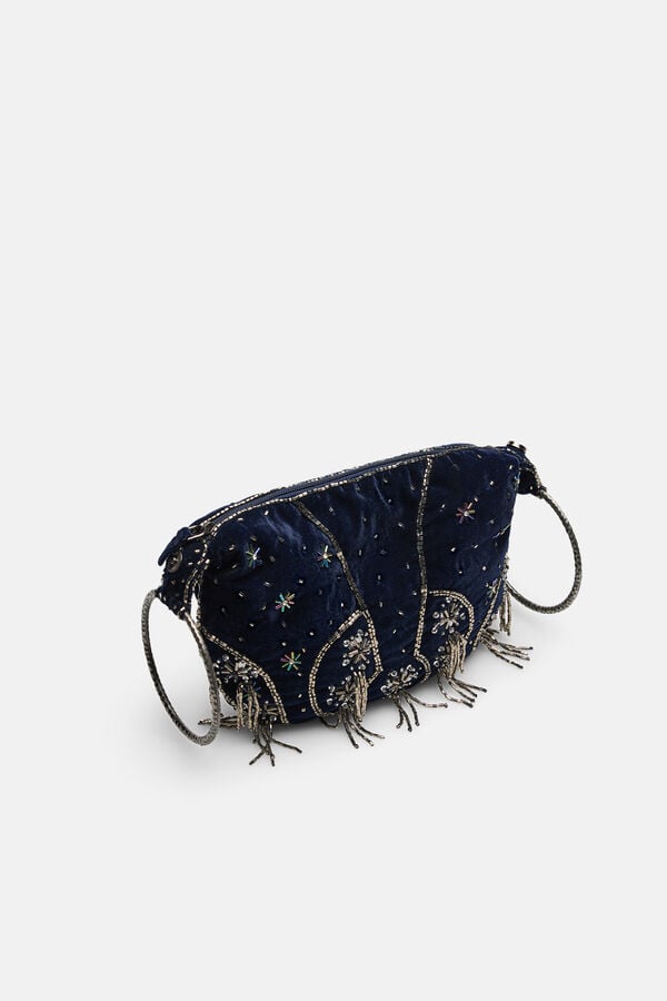 Hoss Intropia Noa. Bolso bordado de terciopelo con anillas Azul marino