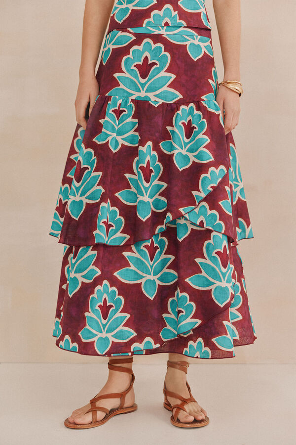 Hoss Intropia Rosa. Saia estampada com folhos. Roxo