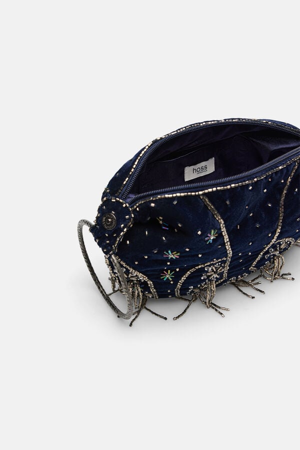 Hoss Intropia Noa. Bolso bordado de terciopelo con anillas Azul marino