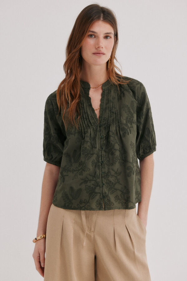 Hoss Intropia Celia. Blusa bordado floral Kaki