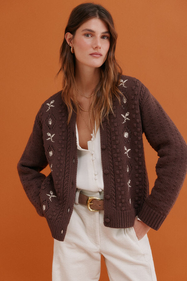 Hoss Intropia Ilena. Casaco de malha bordado Castanho