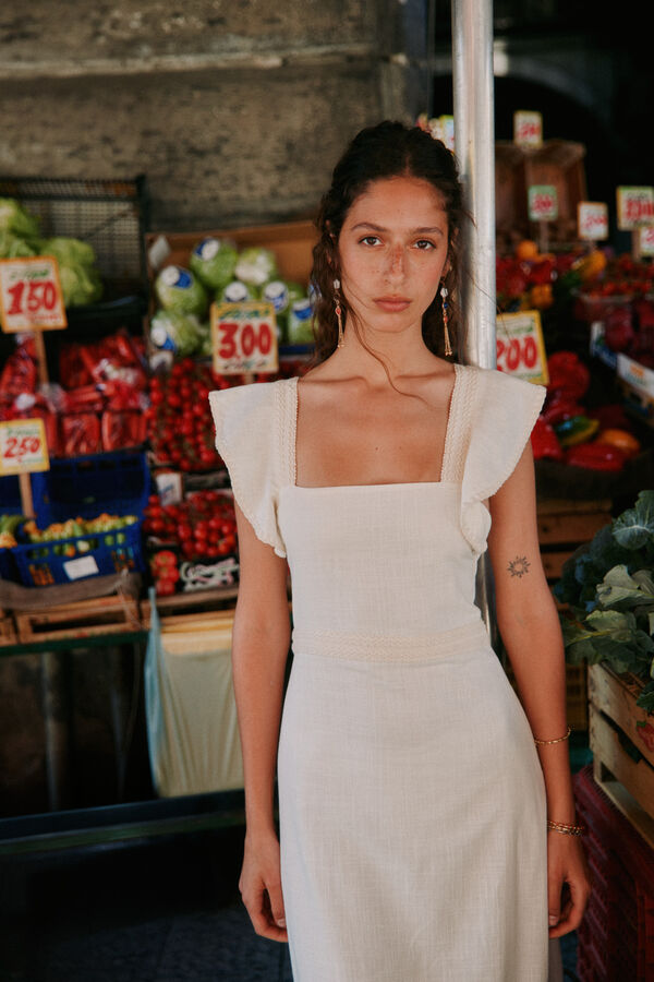 Hoss Intropia Amaya. Vestido midi em algod&atilde;o Ecru