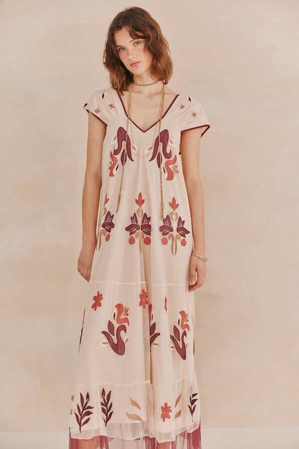 Hoss Intropia Luna. Vestido tul bordado. Beige